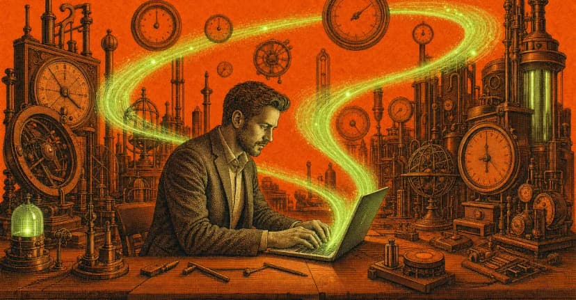 SEO-Sprint mit Claude Code als Kupferstich: eine leuchtende Datenschleife läuft vom Laptop durch einen alten Instrumentenraum voller Messuhren und kehrt in den Bildschirm zurück