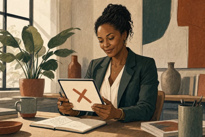 Strategin liest mit leisem Lächeln ein Critique-Symbol auf dem Tablet, Notizbuch dabei — kritisches Feedback als Geschenk verstanden