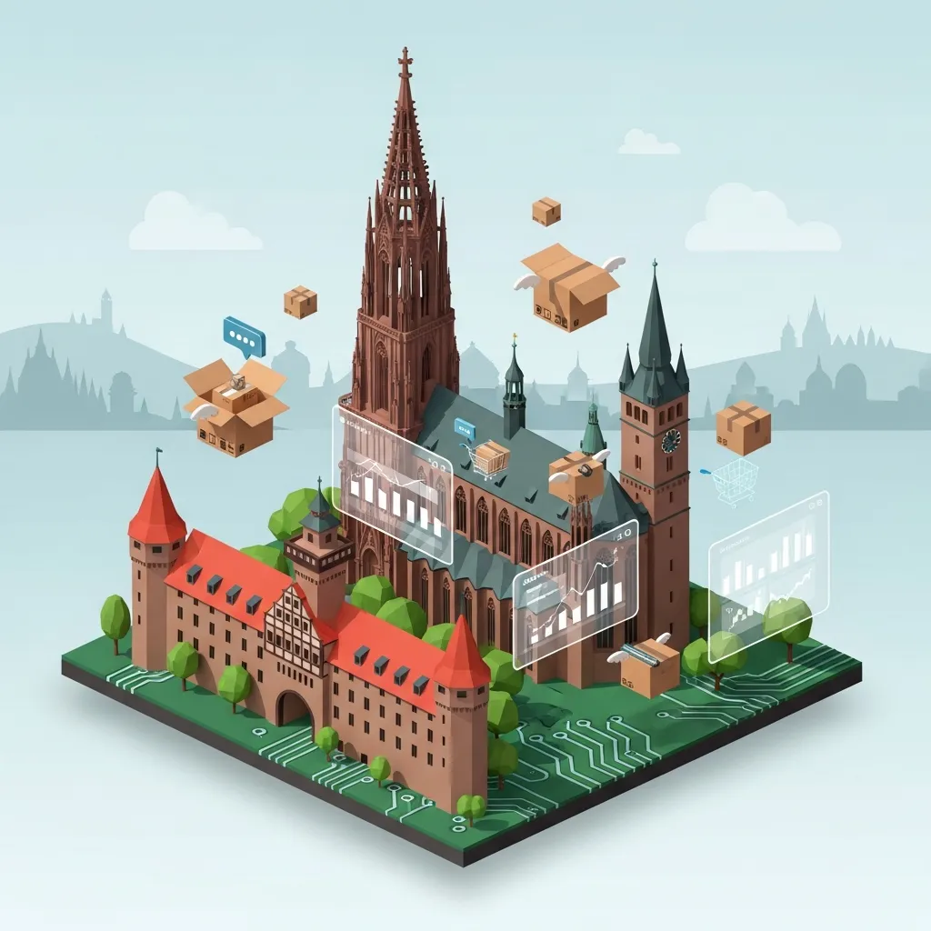 Shopify Agentur Freiburg – Münster und Schwabentor mit E-Commerce-Elementen, isometrische Illustration