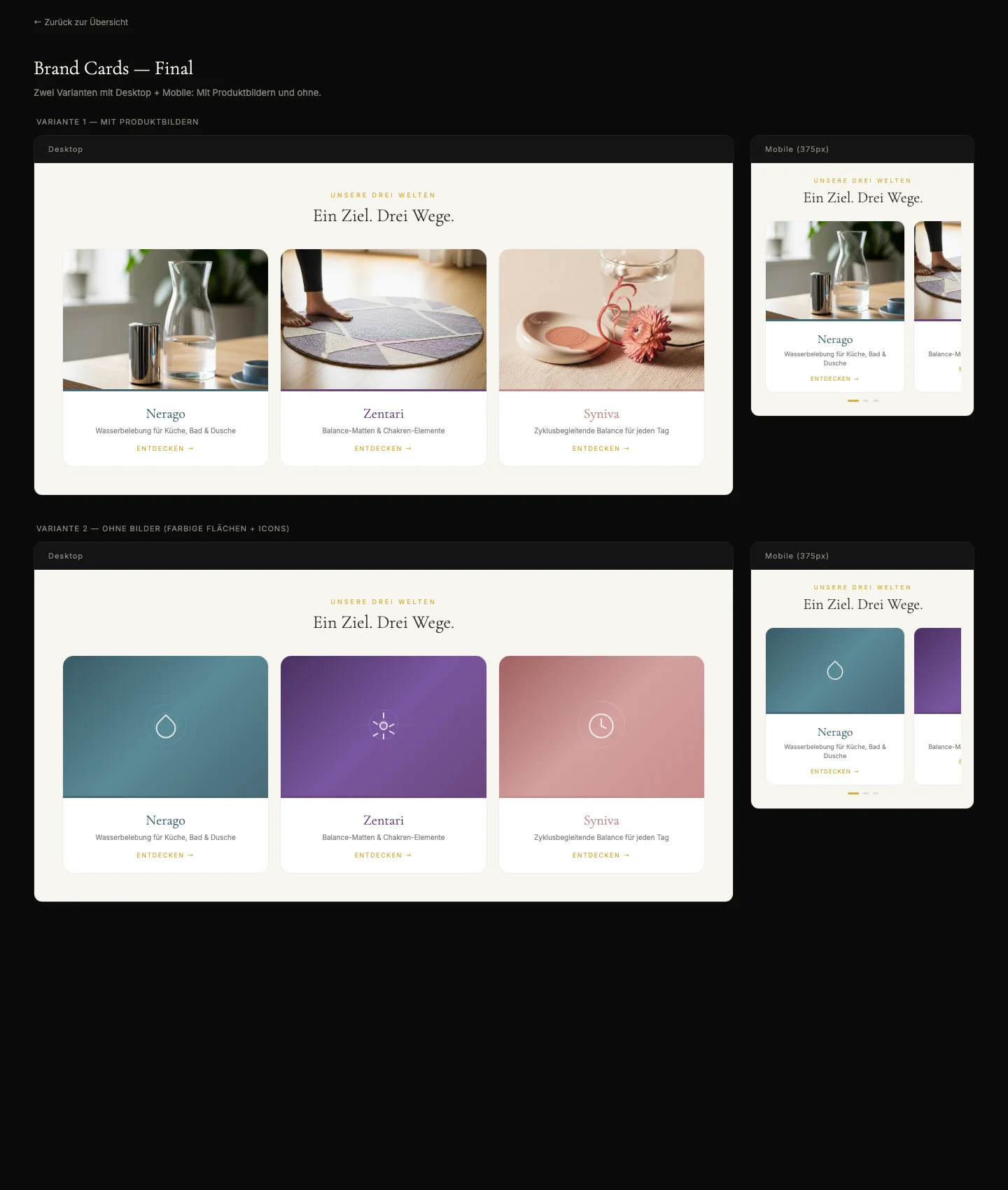 Finale Brandcards für die drei 3 ZENSES Marken Nerago, Zentari und Syniva — gewählt nach Vergleich von fünf Varianten