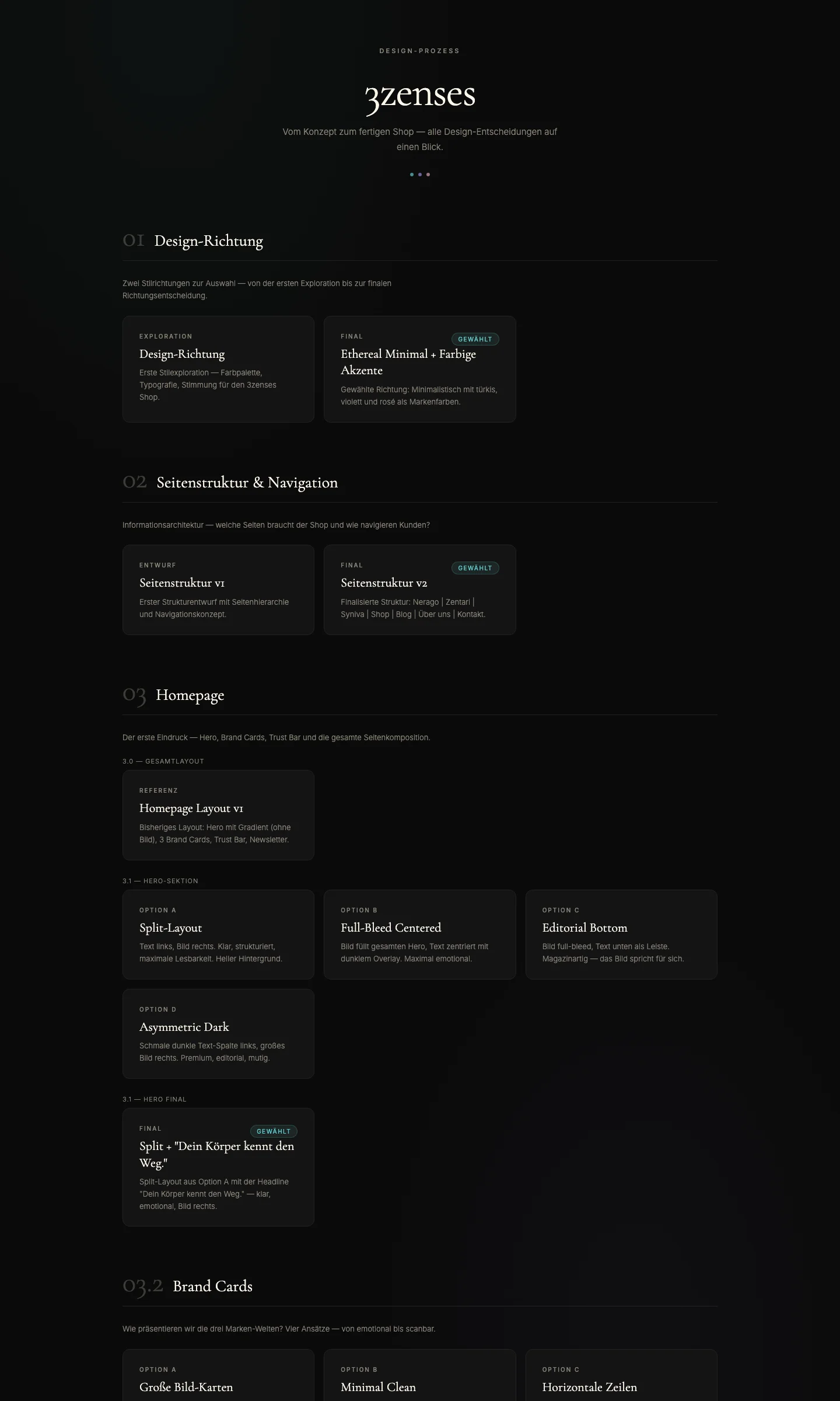 Übersicht aller Design-Entscheidungen im 3 ZENSES Shopify-Projekt — Hero-Varianten, Brandcards, Bestseller-Layouts, Produktseiten-Iterationen