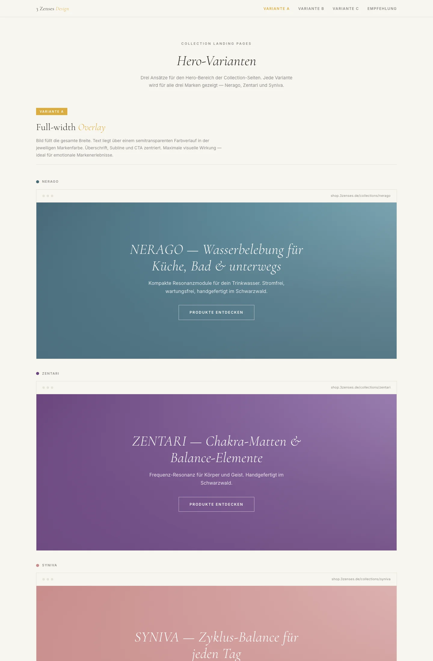 Vergleich mehrerer Hero-Layouts für die Collection-Landingpages der drei 3 ZENSES Marken Nerago, Zentari und Syniva