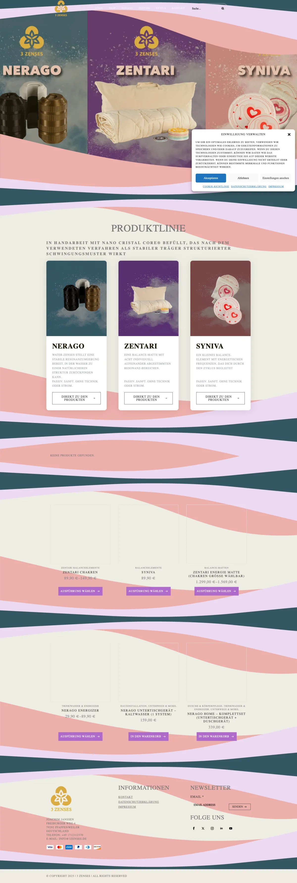 3 ZENSES WooCommerce Homepage vorher — überladenes Layout, keine klare Markenführung