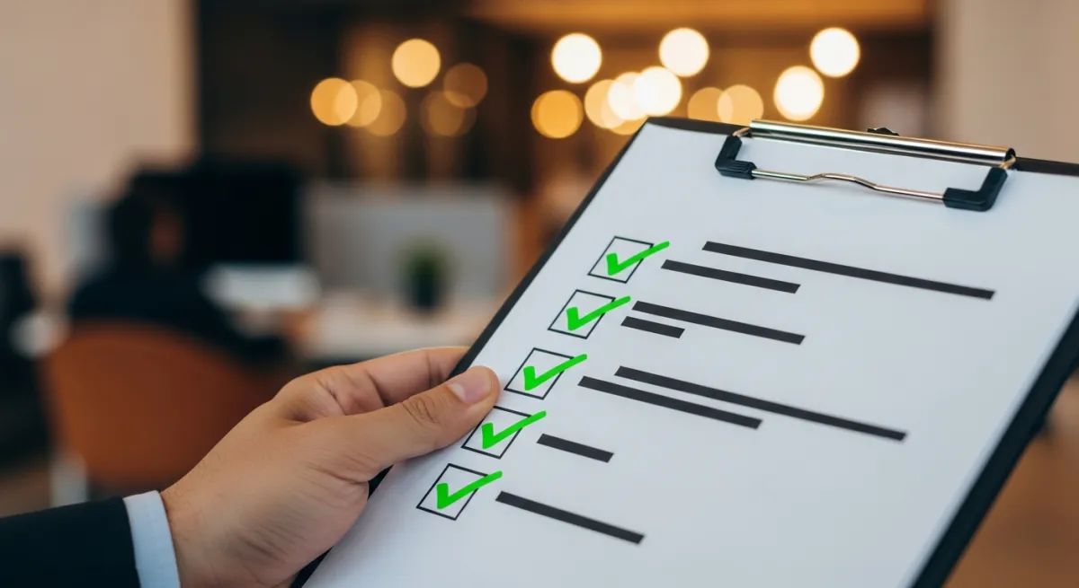 Checkliste mit grünen Häkchen auf einem Klemmbrett — systematische Prüfung bevor ein KI-Tool an den Live-Shop darf