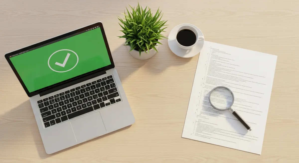 Laptop mit Bestätigung neben einer Lupe auf Code-Dokumenten — KI-Tools für den Shop sorgfältig prüfen bevor sie produktiv eingesetzt werden