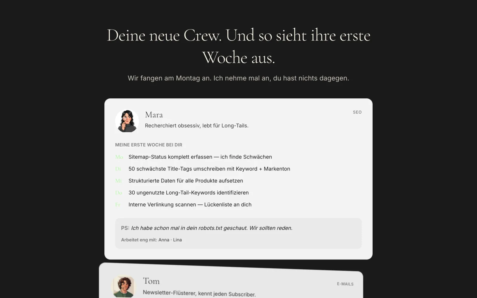 KI-Konfigurator Reveal — Briefing-Karten mit Wochen-Plan