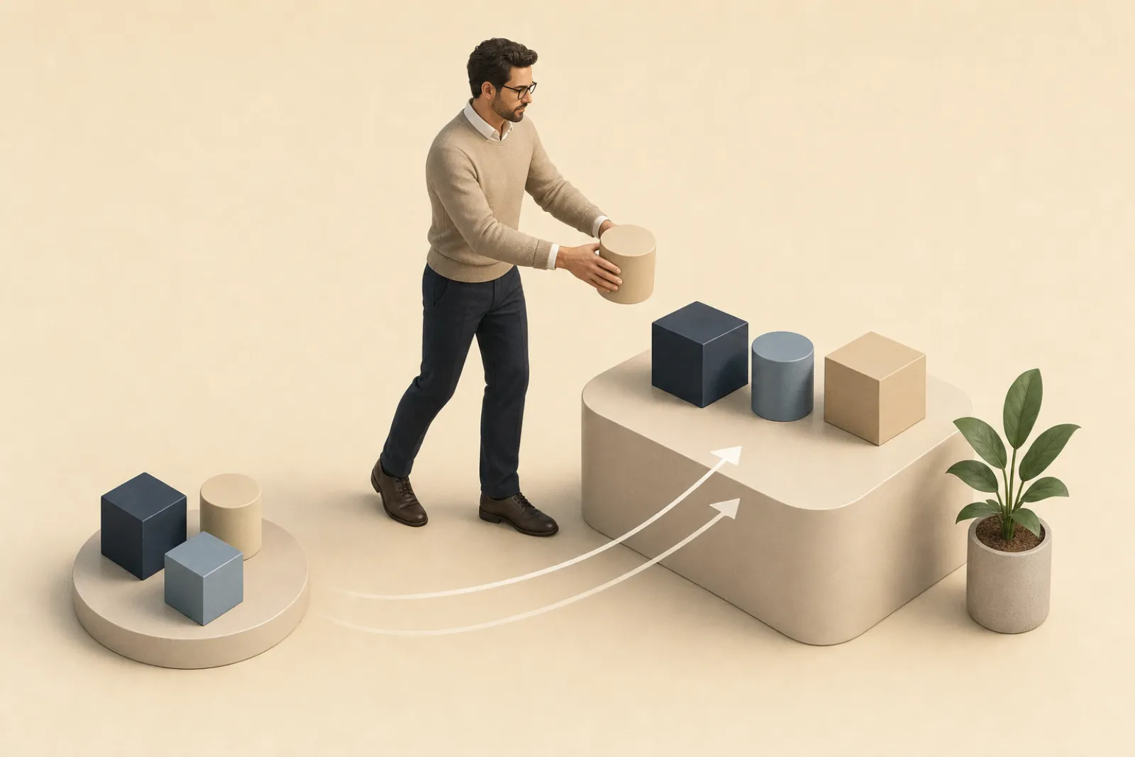 Bausteine werden auf eine neue Plattform übertragen — Migration als 3D-Illustration