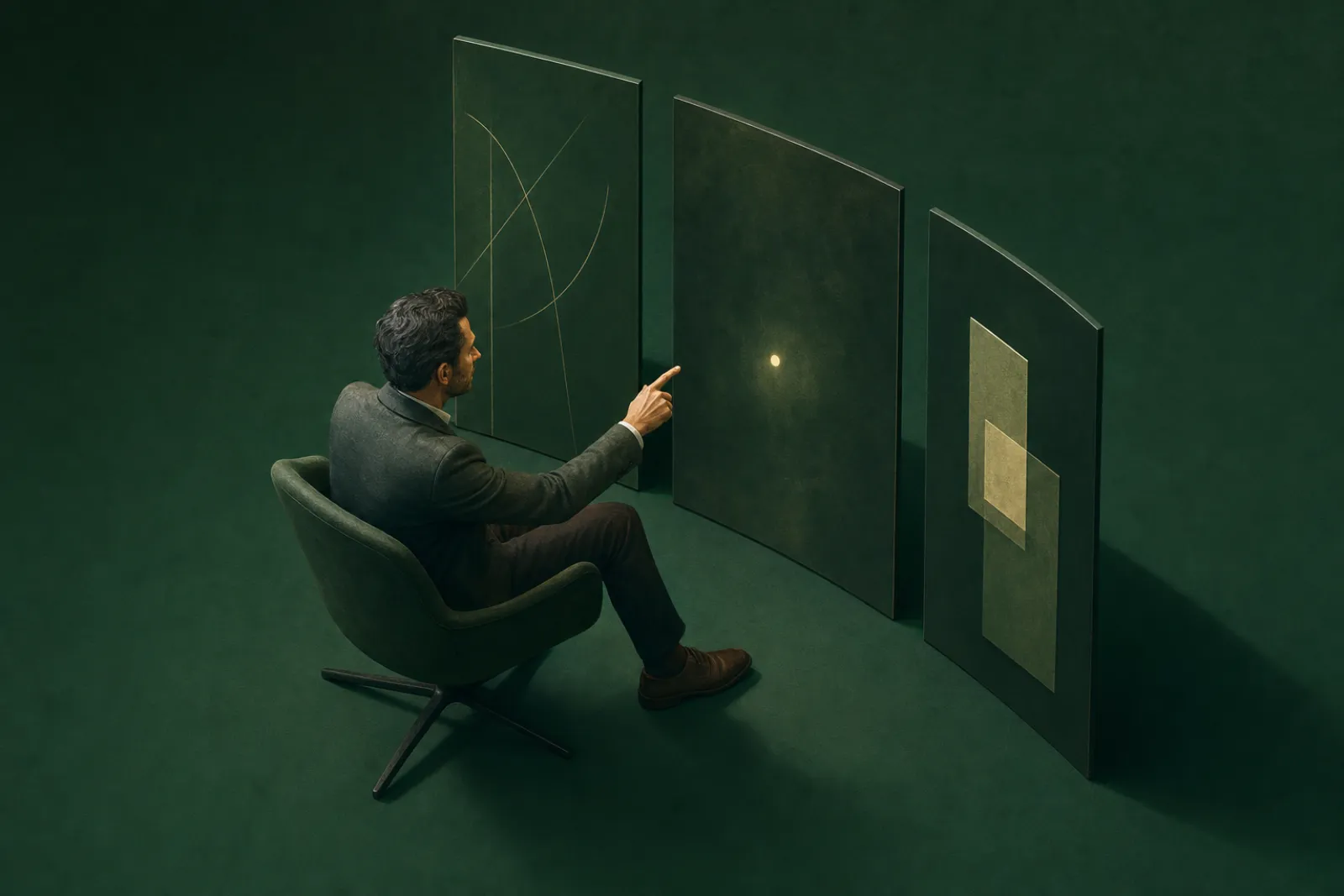 Person analysiert Shop-Kennzahlen an einem Auswertungs-Cockpit, 3D-Illustration