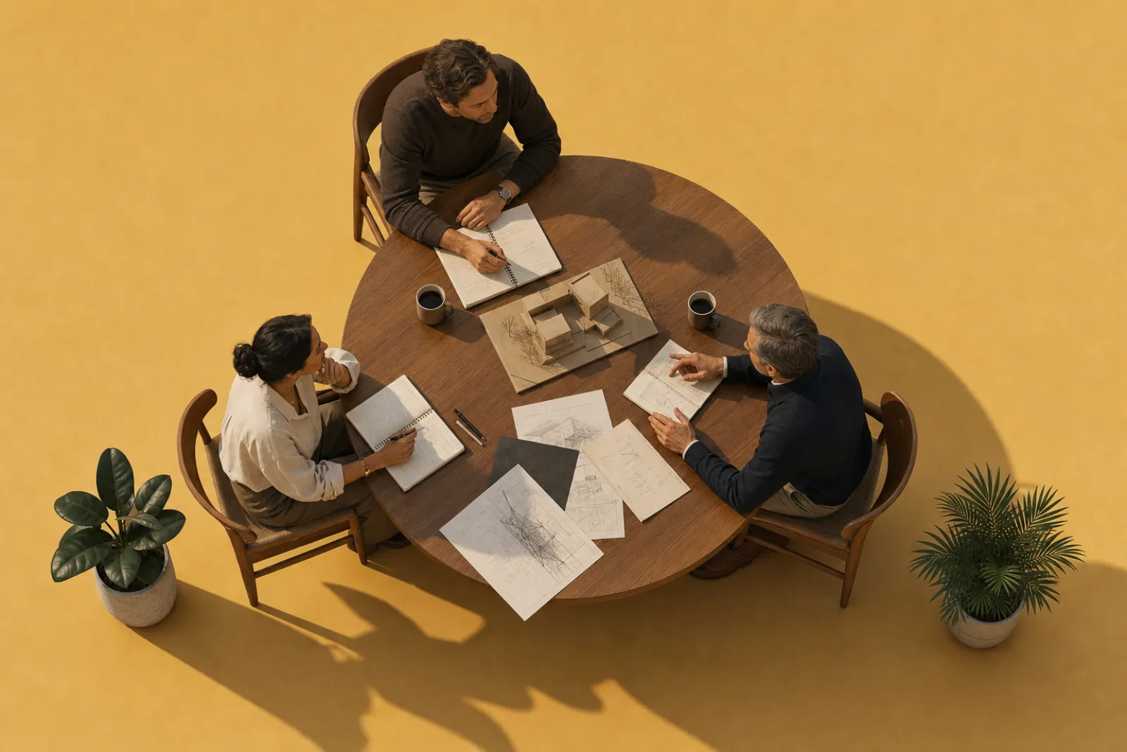 Beratungsgespräch am runden Tisch mit Projektunterlagen, 3D-Illustration