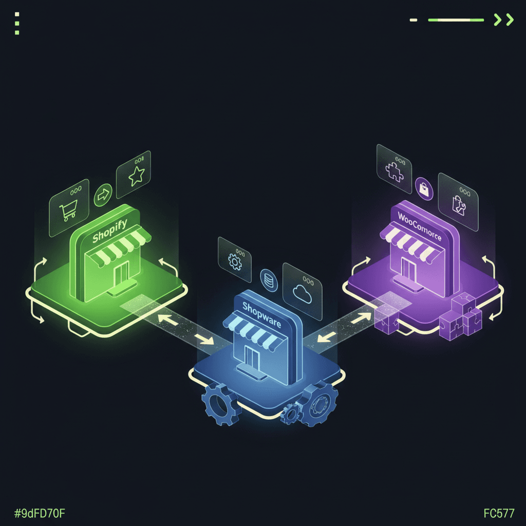 Shopsystem Vergleich: Shopify vs Shopware vs WooCommerce im isometrischen 3D-Vergleich