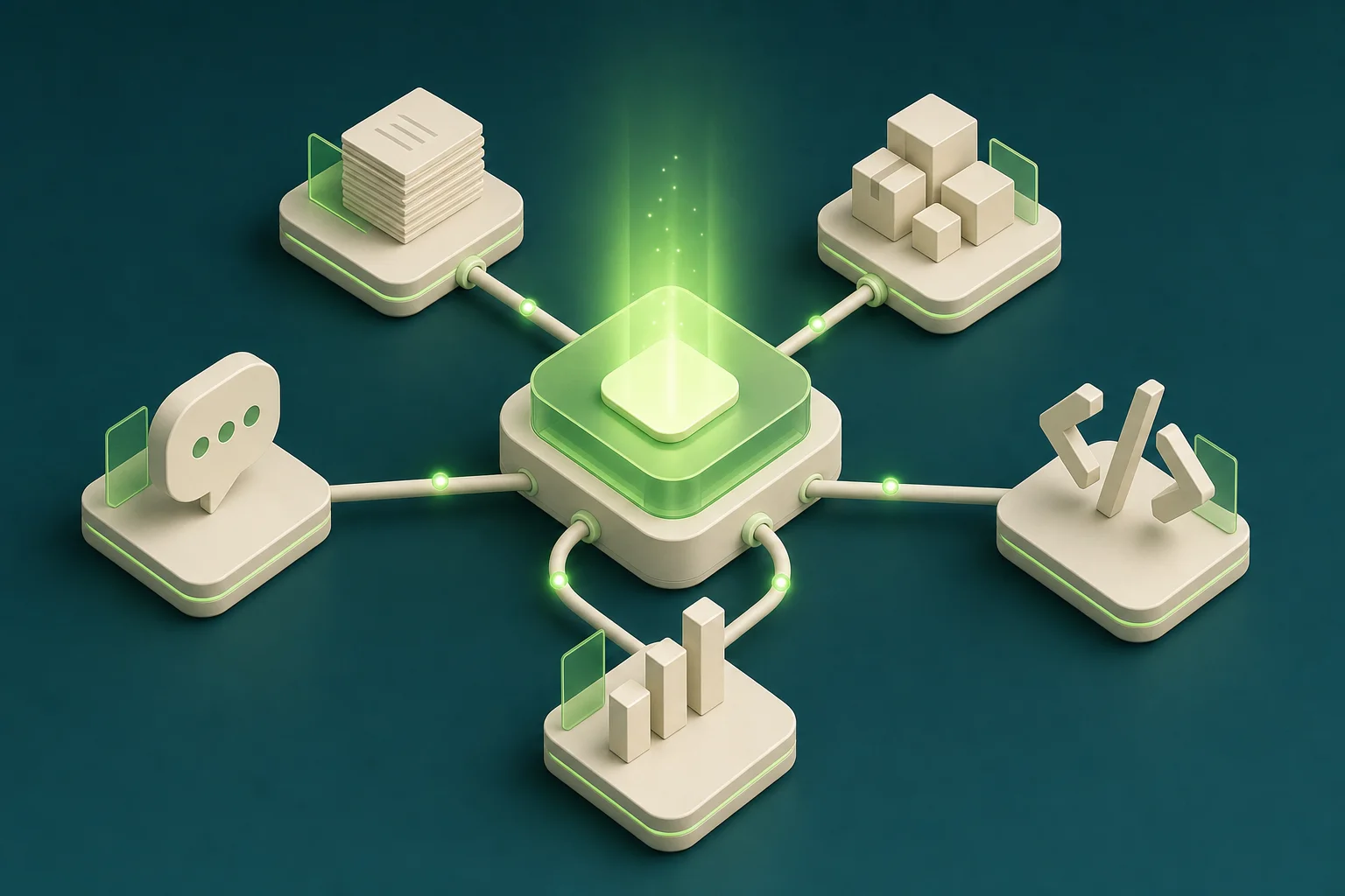 Isometrische Illustration: zentrale Claude-Plattform verteilt Aufgaben an fünf Arbeitsstationen für Content, Produktdaten, Support, Code und Analyse