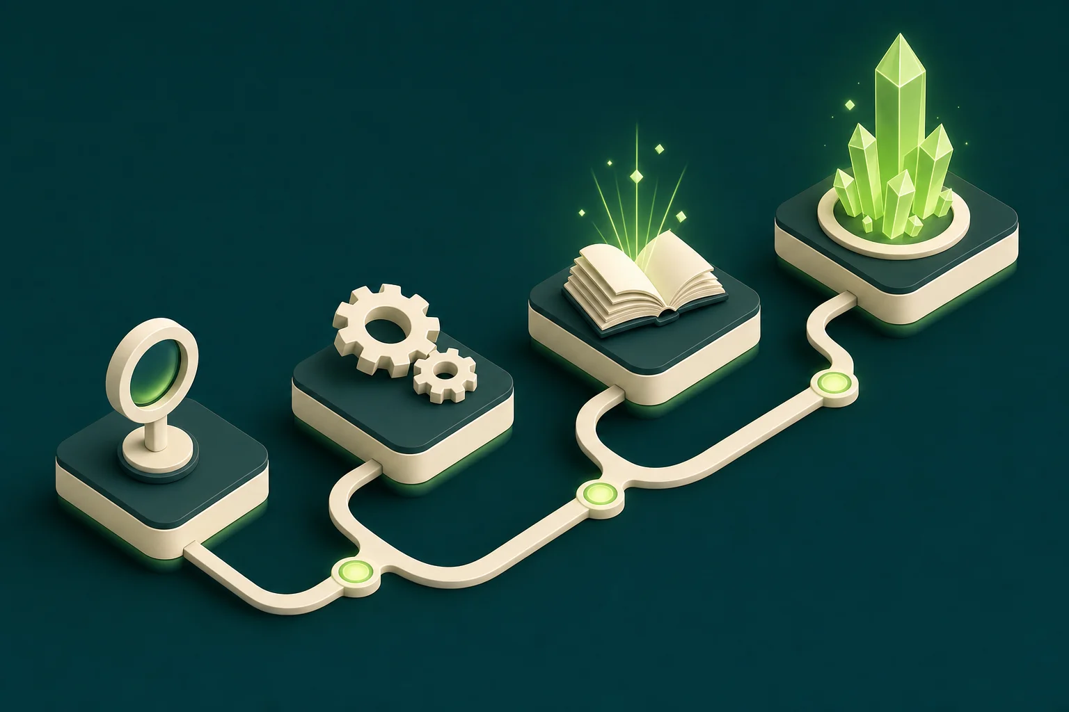 Isometrische Illustration: vier Stationen eines Weges von Analyse über Setup und Training bis zur wachsenden Adoption