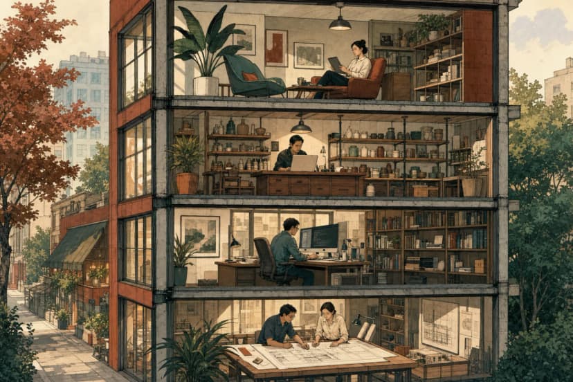 Editoriale Illustration als Vier-Stockwerk-Cutaway eines Gebäudes, jede Etage zeigt eine Schicht des Shopify-KI-Stacks 2026 mit einer arbeitenden Person