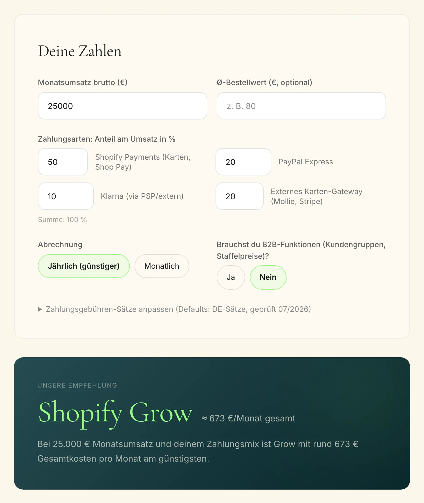 Screenshot des Shopify-Plan-Finders: Eingabefelder für Monatsumsatz und Zahlungsarten-Mix mit Plan-Empfehlung Shopify Grow inklusive Gesamtkosten