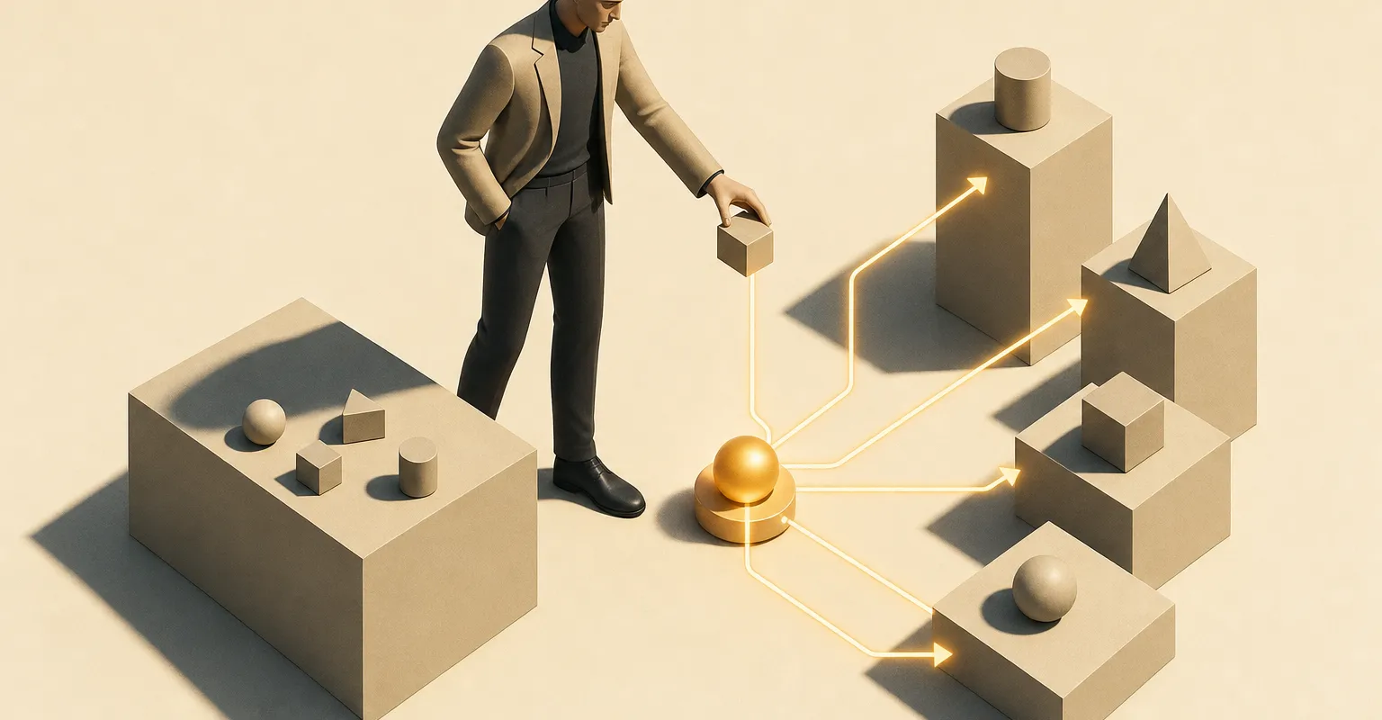 Editorial-3D-Illustration: kleine Aufgabenblöcke werden auf unterschiedlich hohe Plattformen verteilt, als Sinnbild dafür, jede Aufgabe der passenden KI-Stufe zuzuordnen