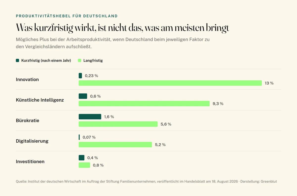 Balkendiagramm der fünf Produktivitätshebel für Deutschland: Innovation bringt langfristig 13 Prozent, KI 9,3 Prozent, Bürokratie 5,6 Prozent, Digitalisierung 5,2 Prozent, Investitionen 0,8 Prozent