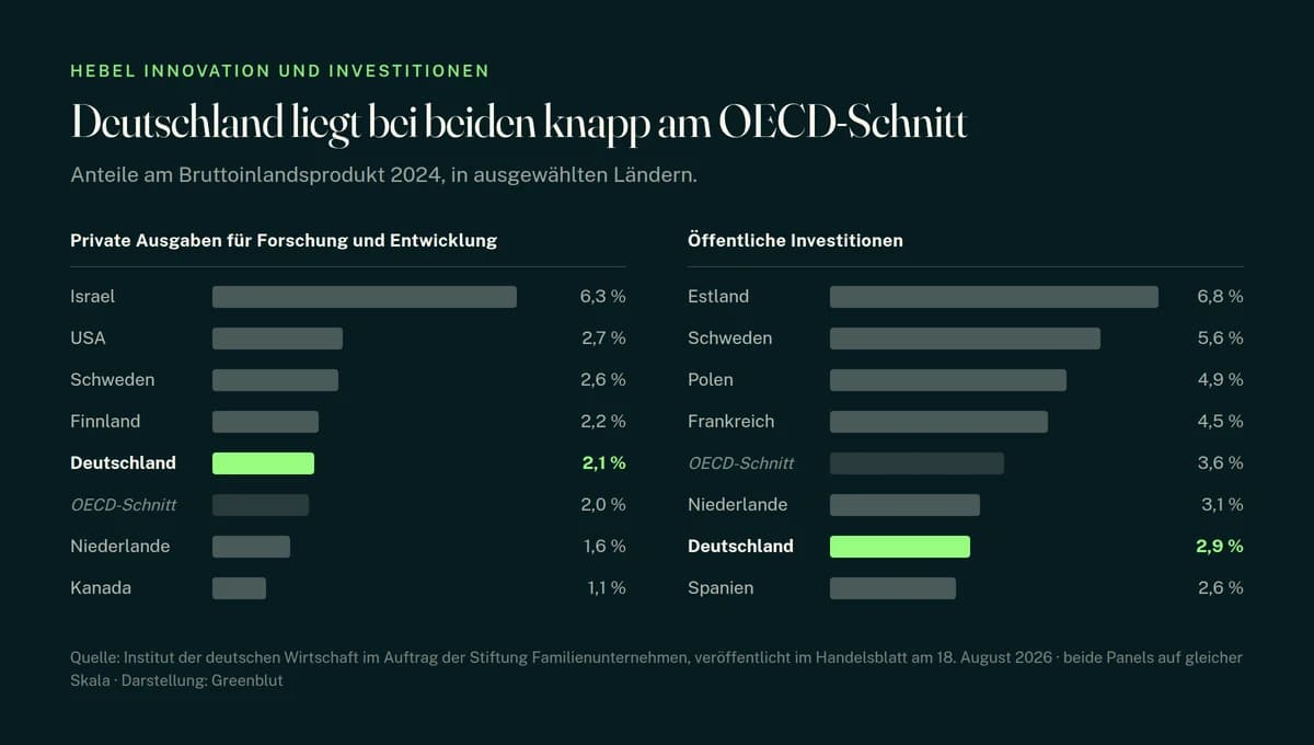 Zwei Ländervergleiche für 2024: private Forschungsausgaben mit Israel bei 6,3 und Deutschland bei 2,1 Prozent, öffentliche Investitionen mit Estland bei 6,8 und Deutschland bei 2,9 Prozent des Bruttoinlandsprodukts