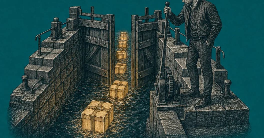 Kupferstich einer alten Kanalschleuse: golden leuchtende Pakete passieren das Schleusentor einzeln, ein Mensch am Hebel prüft jedes einzelne, als Sinnbild für Pull-Request-Freigaben