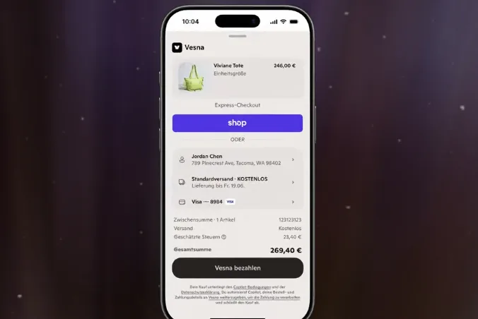 Agentic Checkout am iPhone: Kauf der Viviane Tote im KI-Assistenten, bezahlt mit Shop Pay
