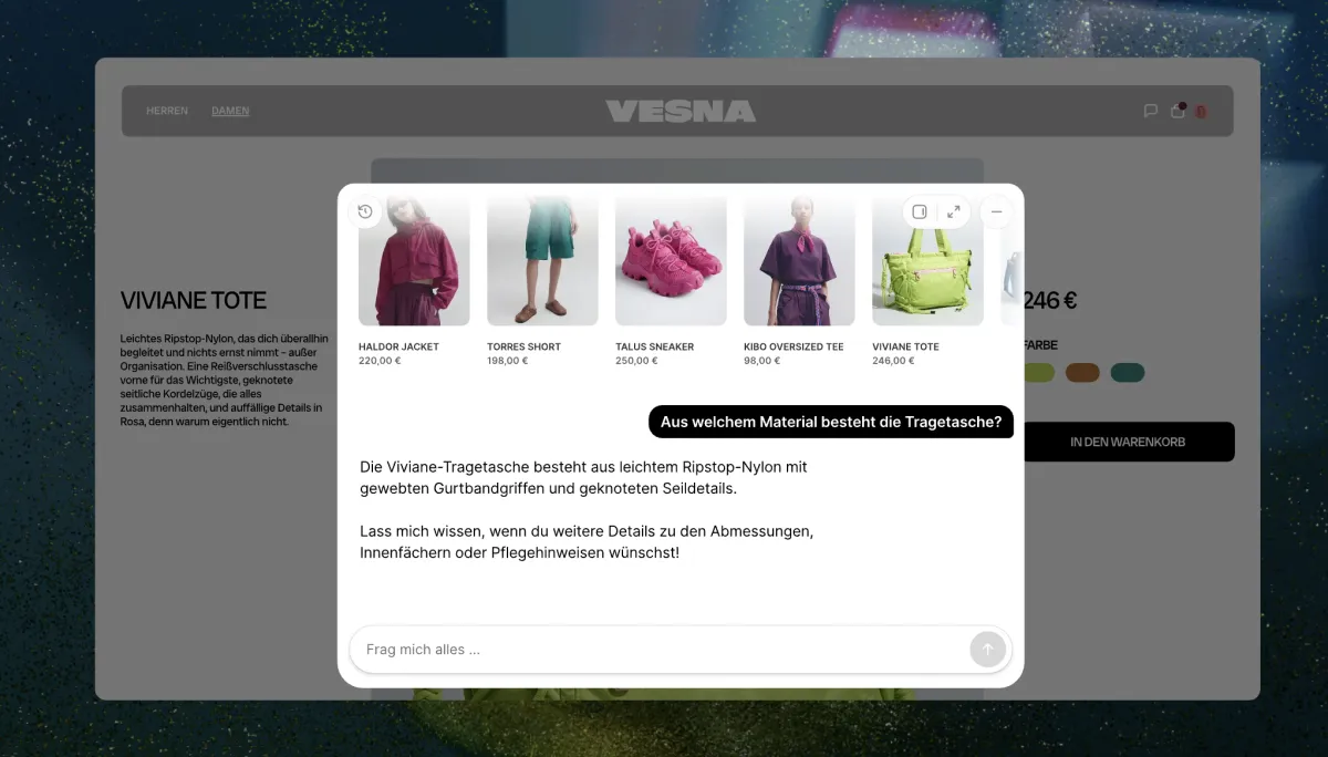KI-Assistent im Shopify-Storefront beantwortet eine Produktfrage zur Tragetasche direkt im Chat
