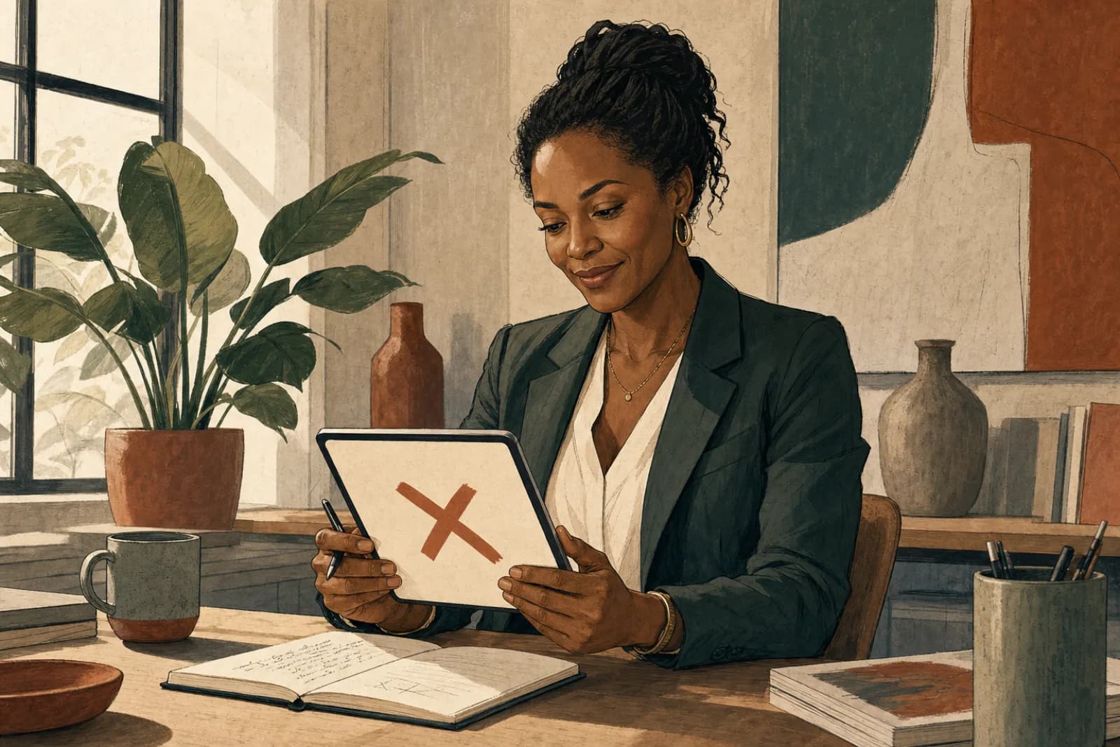Strategin liest mit leisem Lächeln ein Critique-Symbol auf dem Tablet, Notizbuch dabei — kritisches Feedback als Geschenk verstanden