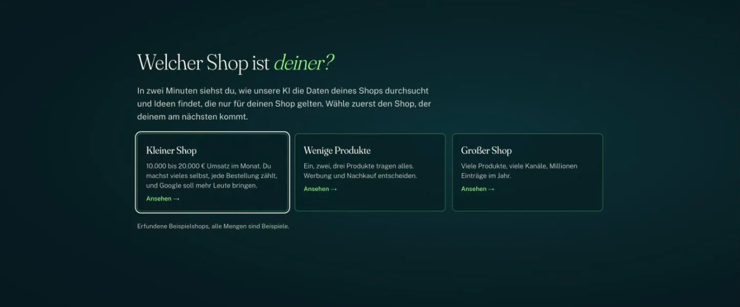 Startansicht des Datenplaneten mit drei Beispielshops zur Auswahl: kleiner Shop, wenige Produkte und großer Shop