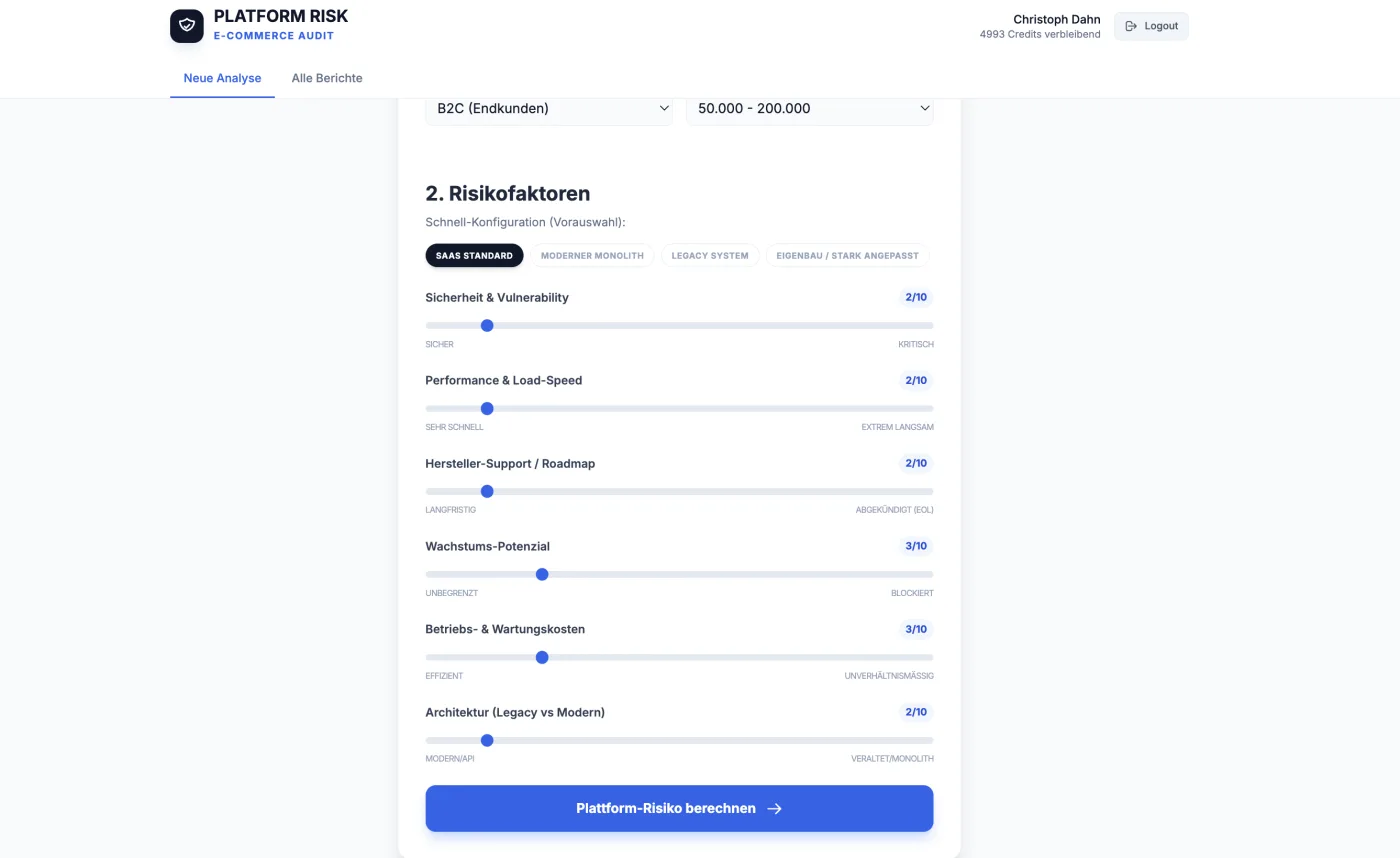Screenshot des Shop-Risiko-Checks: E-Commerce-Audit mit Risikofaktoren-Reglern für Sicherheit, Performance, Support und Architektur