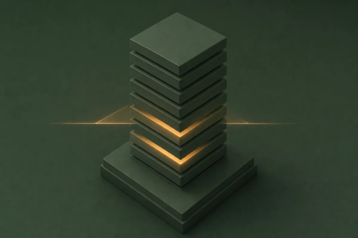 Isometrische 3D-Illustration: ein geschichtetes System wird von einem warmen Scan-Licht auf Schwachstellen geprüft (Shop-Risiko-Check)
