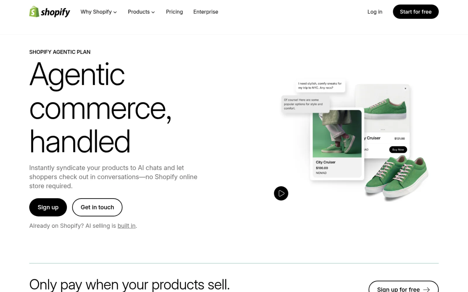 Screenshot der Shopify Agentic Plan Landingpage mit dem Claim „Agentic commerce, handled" und einer Produkt-zu-AI-Chat-Visualisierung