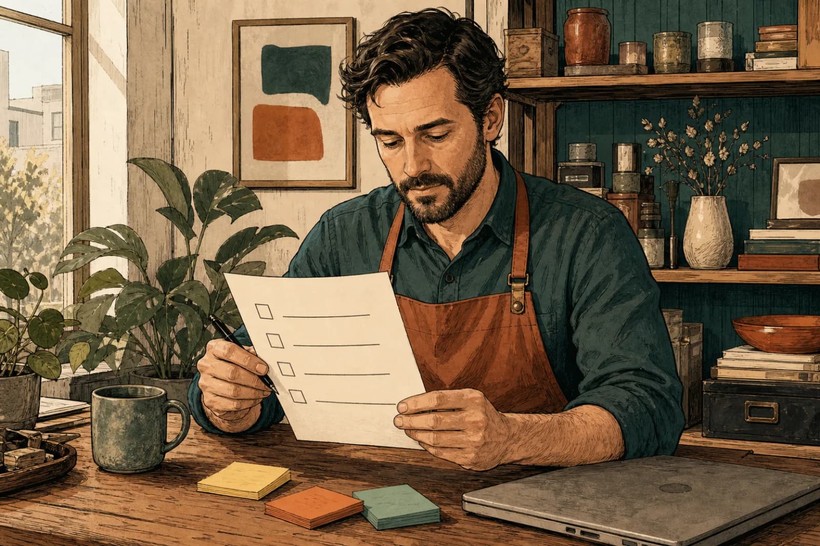 Editoriale Illustration eines Shop-Inhabers, der eine Vier-Punkte-Checkliste für Agent-Readiness durchgeht, mit Sticky Notes auf dem Schreibtisch