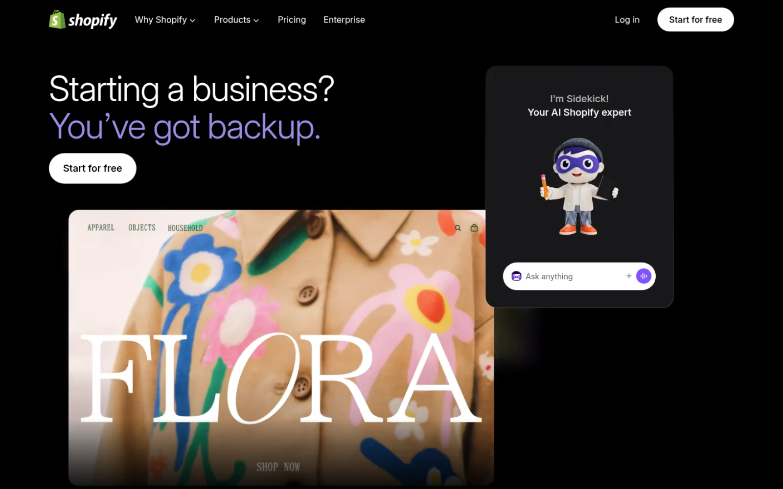 Screenshot der Shopify Sidekick Marketing-Seite mit eingeblendetem Chat-Widget „I'm Sidekick, your AI Shopify expert"