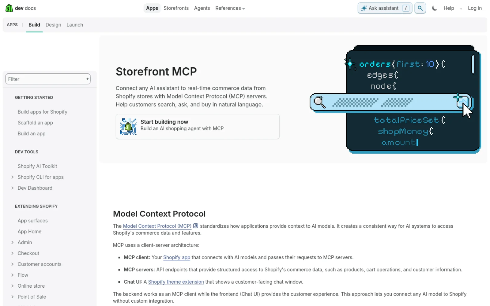 Screenshot der Shopify Dev Docs zu Storefront MCP mit Architektur-Übersicht aus MCP-Client und MCP-Server