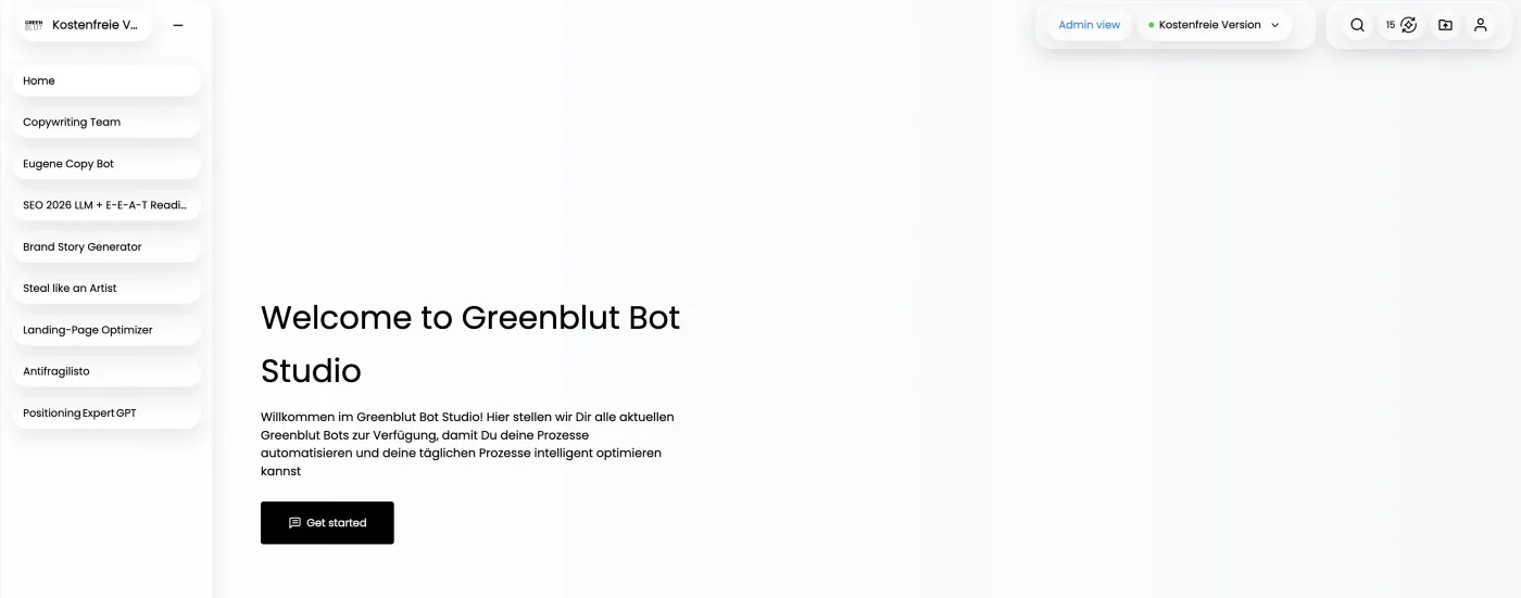 Screenshot des Bot Studios: Seitenleiste mit spezialisierten KI-Bots und Willkommensbereich der Greenblut-Bot-Sammlung
