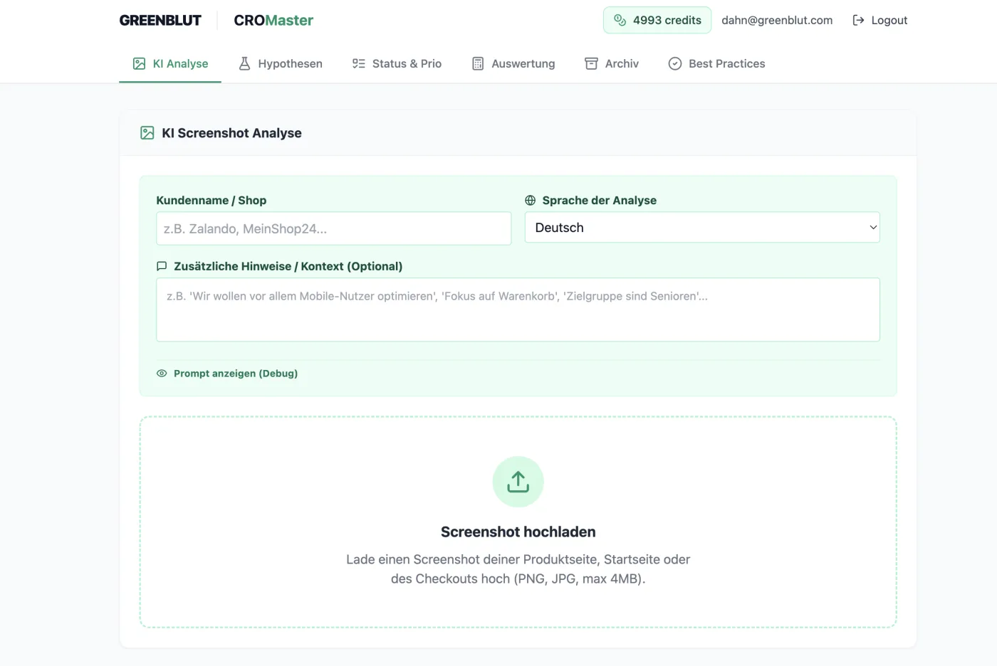 Screenshot des CROmaster-Tools: KI-Screenshot-Analyse mit Feldern für Shop und Sprache und einem Upload-Bereich für die Produktseite