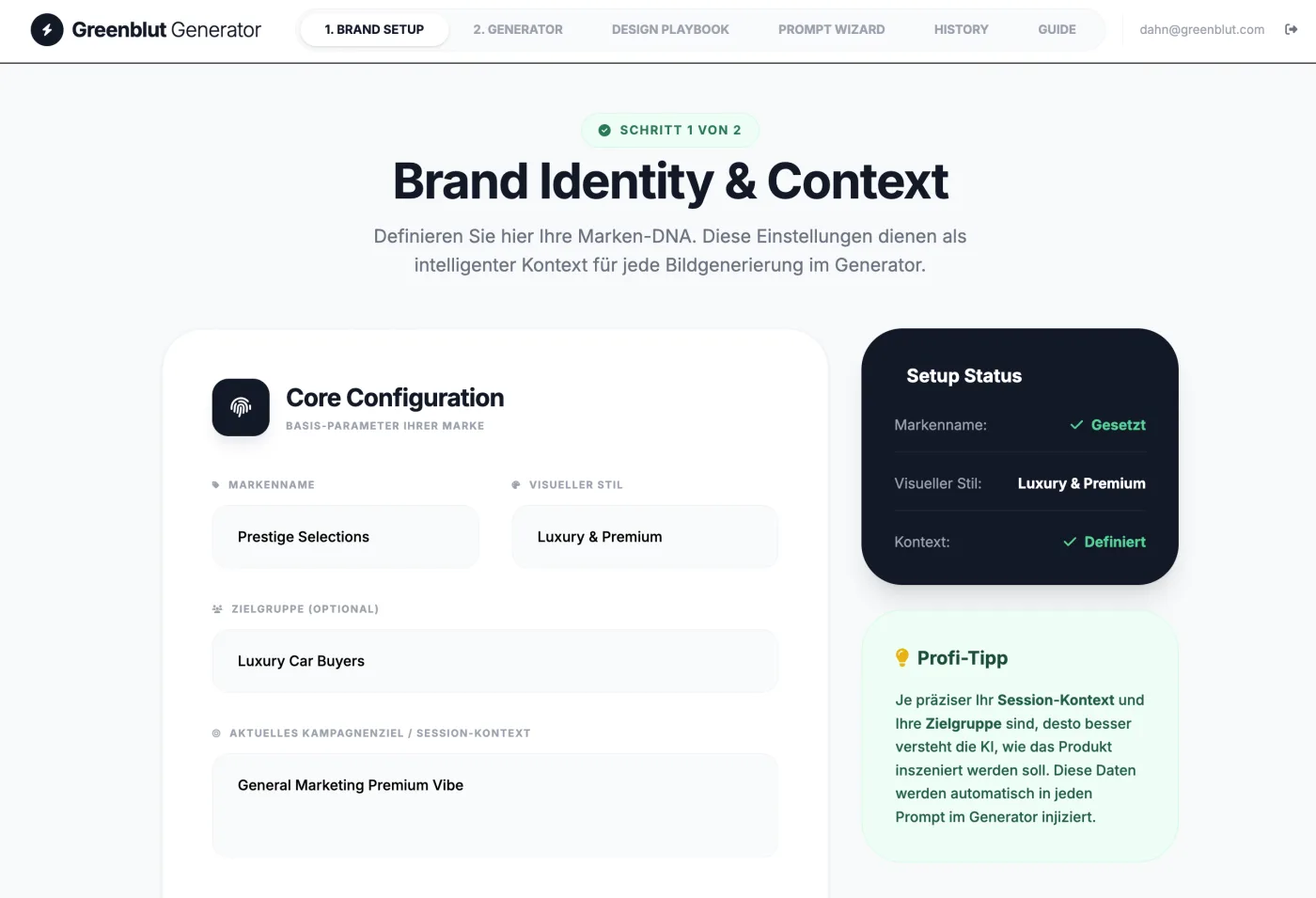 Screenshot des Greenblut Generators: Brand-Identity-Setup mit Markenname, visuellem Stil und Setup-Status für KI-Produktbilder