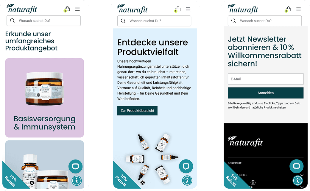 Naturafit Mobile Screens Übersicht